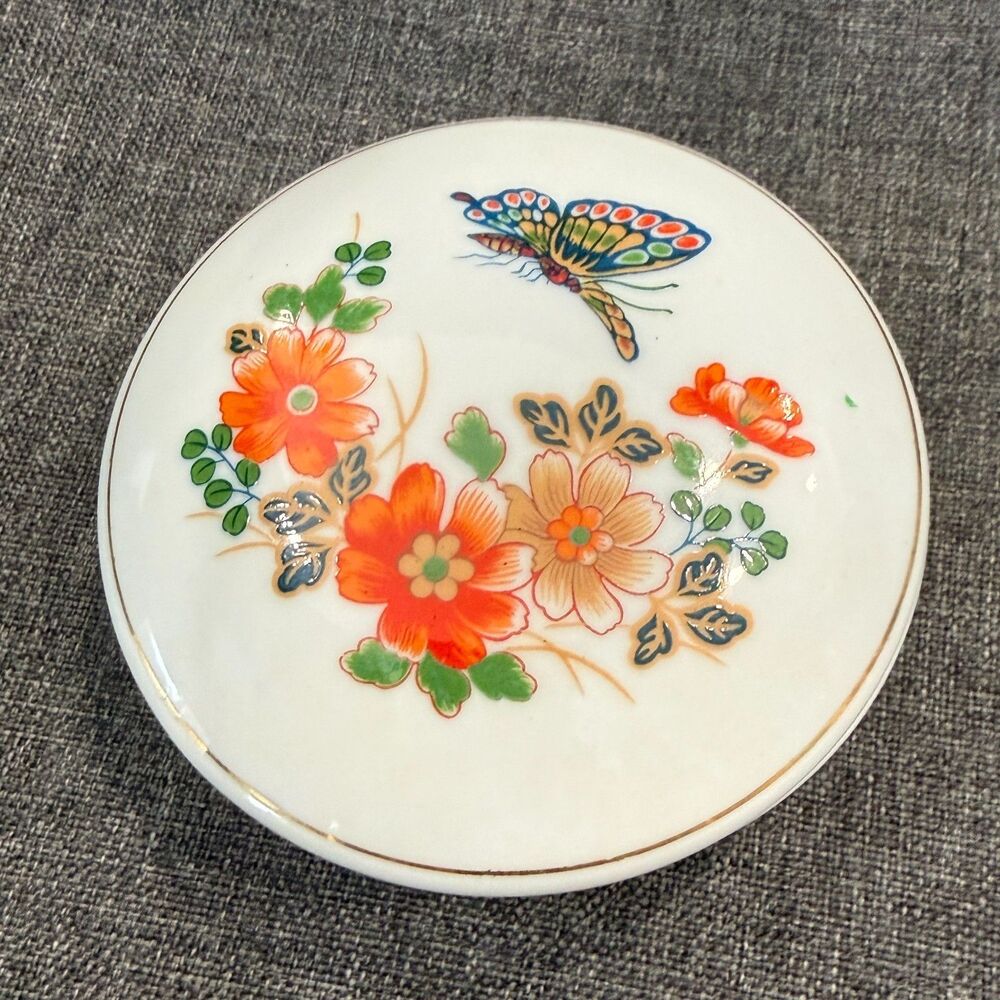 Vintage Takahashi Japan Porcelain Floral Round Trinket Jewelry Box with Lid